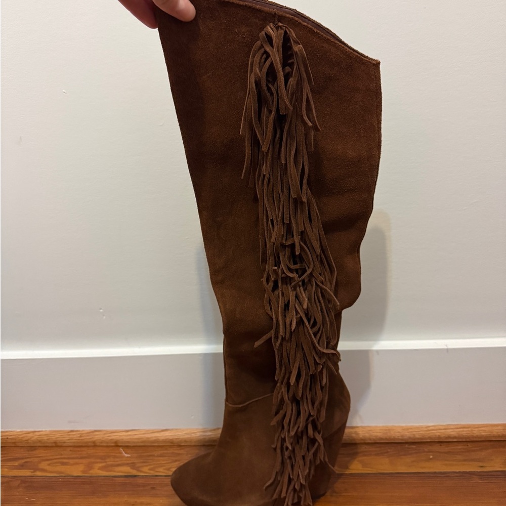 Brown Suede Steve Madden Fringe Knee-High Boots